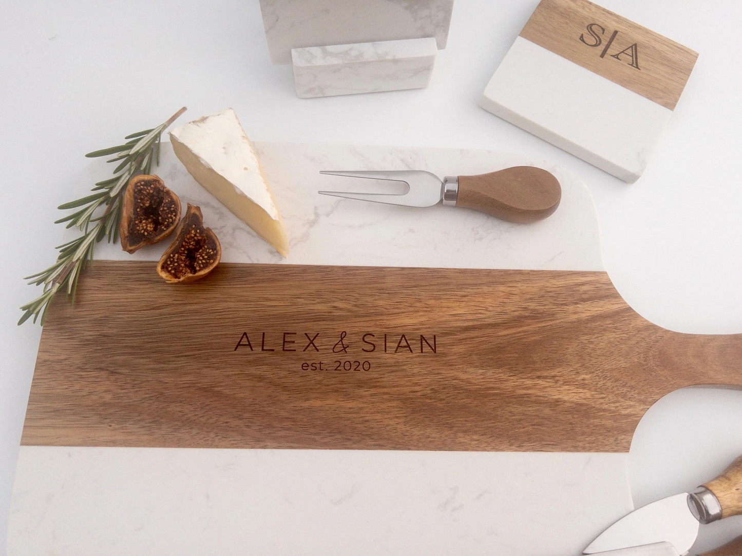Engraved Acacia & Marble Cutting Board With Utensils