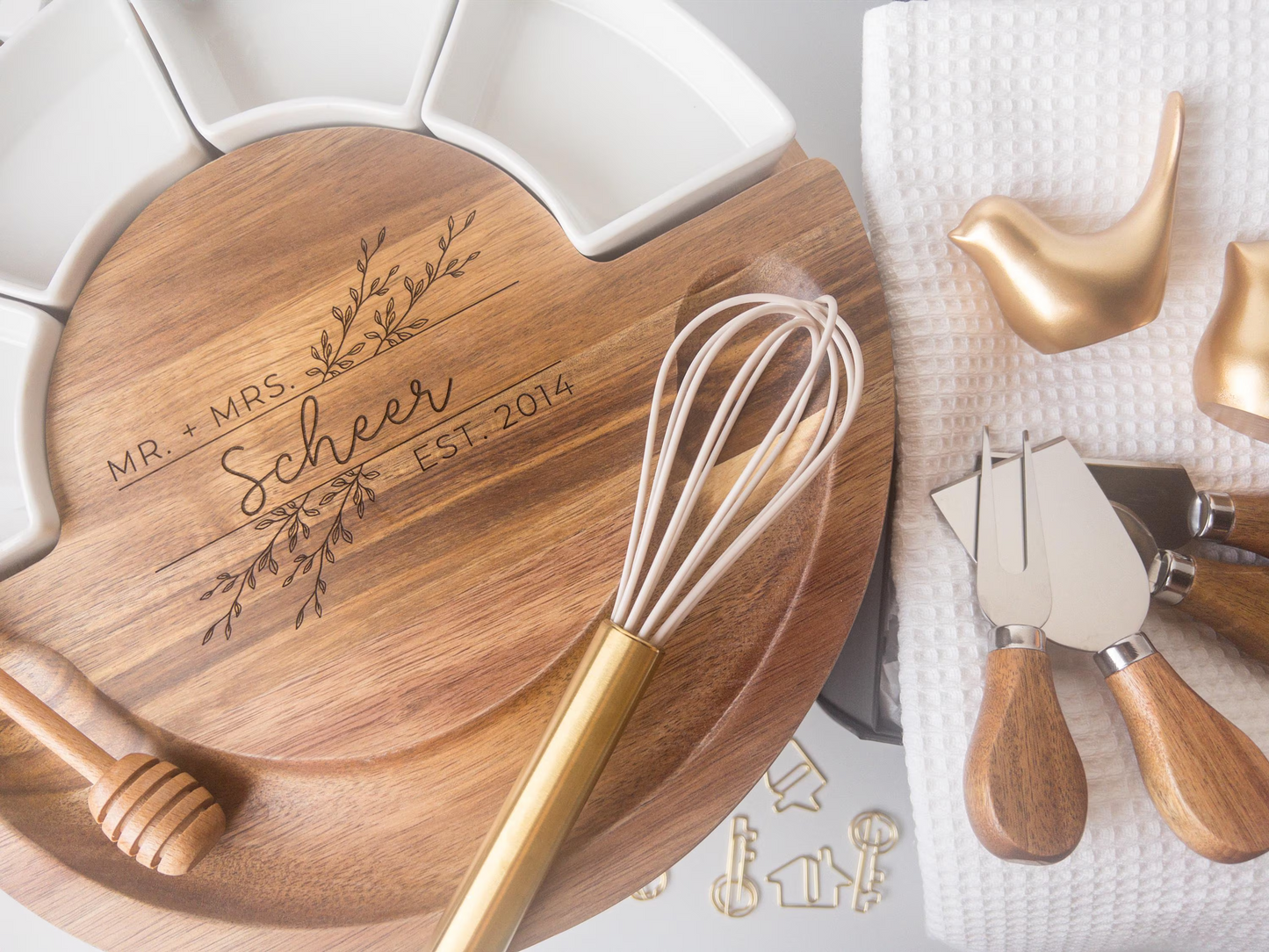 Engraved Round Acacia Charcuterie Board with Dishes & Hidden Utensil Drawer