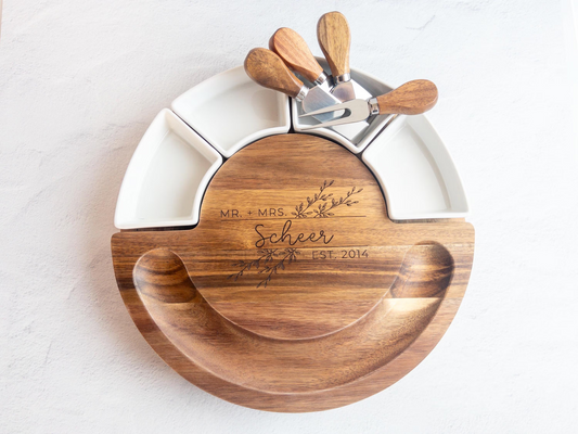 Engraved Round Acacia Charcuterie Board with Dishes & Hidden Utensil Drawer