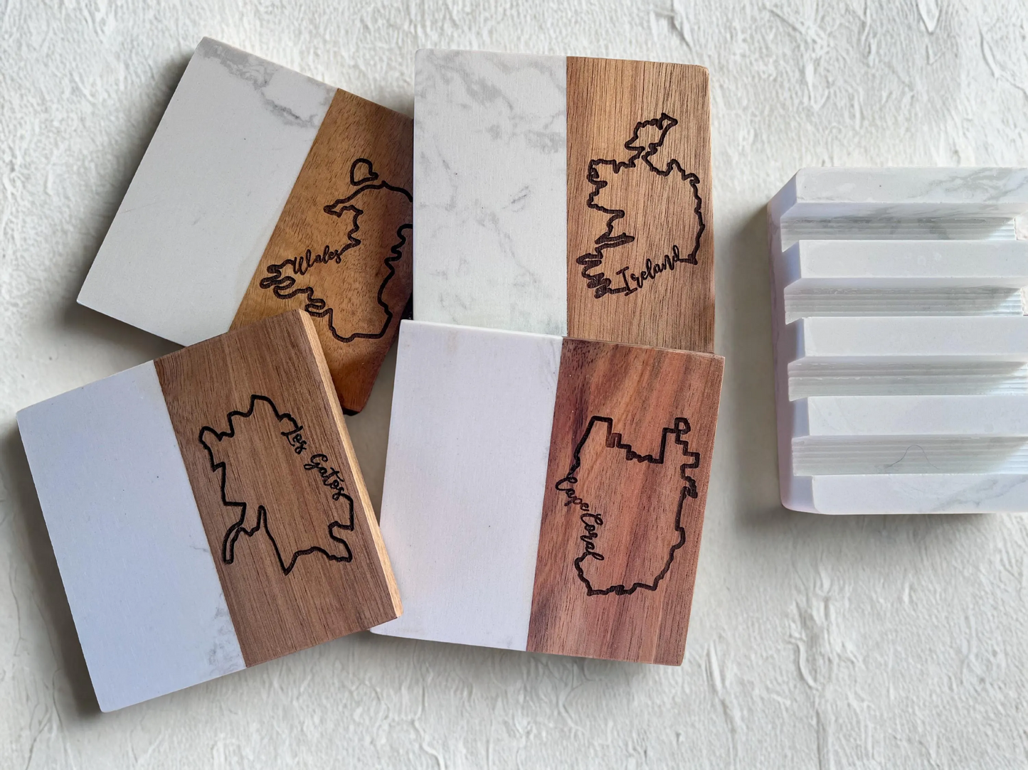 Engraved Custom State or Country Map Acacia & Marble Coasters