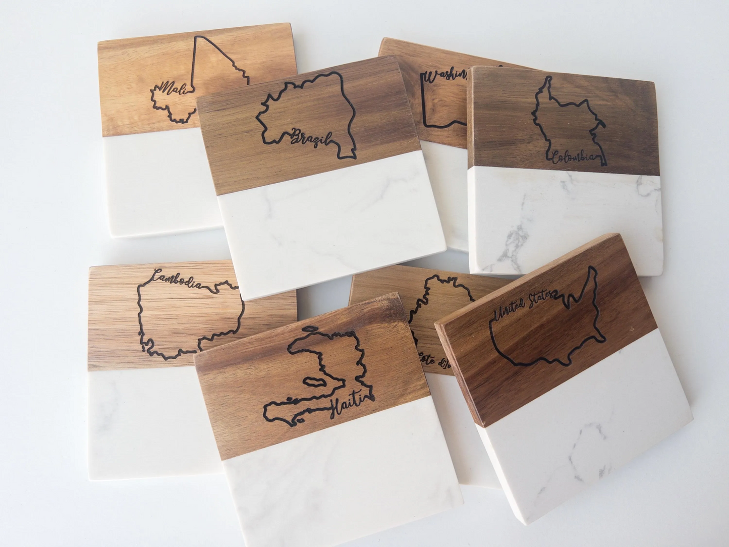 Engraved Custom State or Country Map Acacia & Marble Coasters